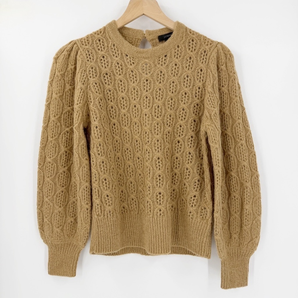 J. Crew Alpaca Blend Balloon Sleeve Cable Knit Sweater Camel Small Preppy Work